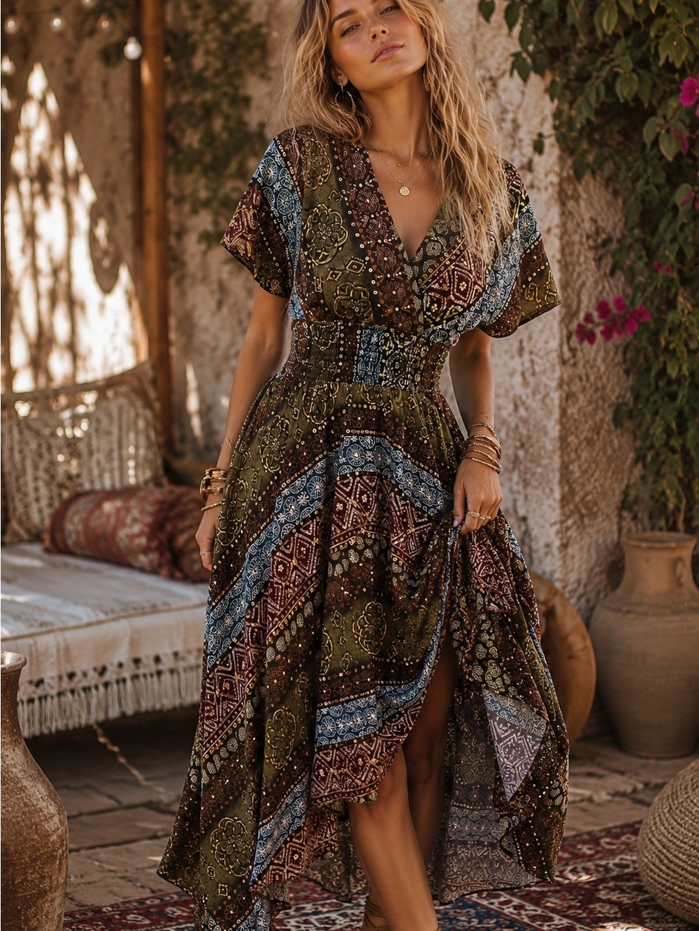 Bohemian High-Low V-Neck Dress in Olive Multi